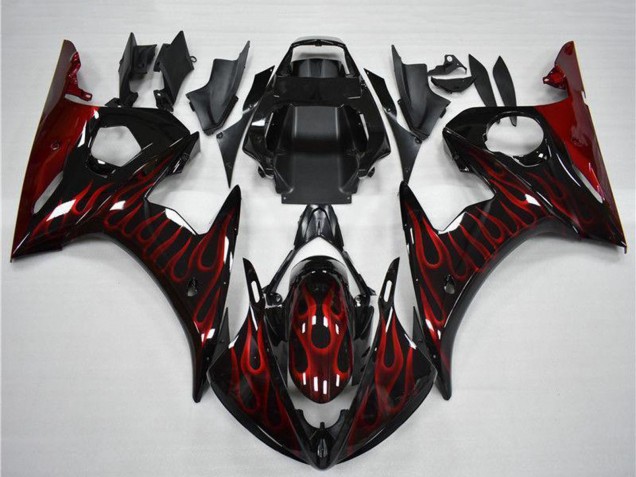 Carenado Moto Yamaha YZF R6 2003-2004 - Negro Brillante Rojo Llama Baratos
