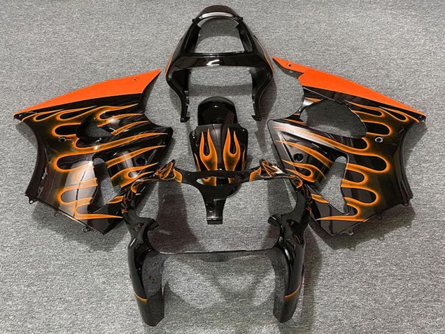 Carenados Moto Kawasaki ZX6R 2000-2002 - Negro Brillante Naranja Llama Baratos