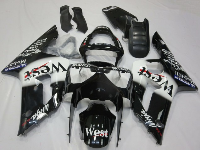 Carenados Moto Kawasaki ZX6R 2003-2004 - Negro Brillante Blanco West Baratos
