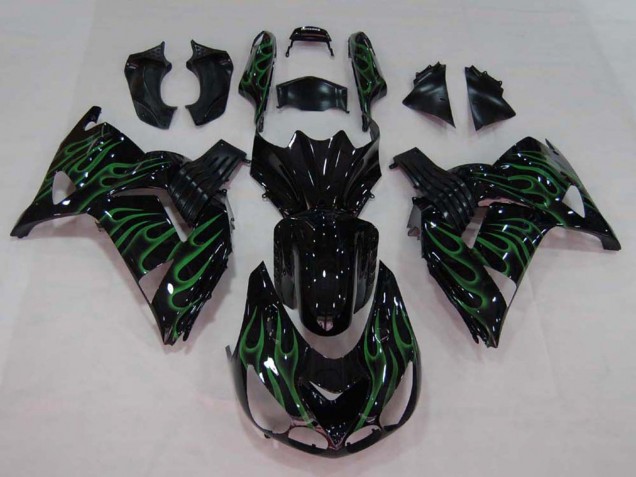 Carenado Moto Kawasaki ZX14R ZZR1400 2006-2011 - Negro Brillante Verde Llama Baratos