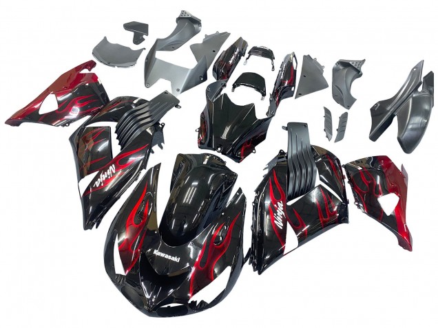 Kits Carenado Moto Kawasaki ZX14R ZZR1400 2006-2011 - Negro Brillante Rojo Llama Baratos