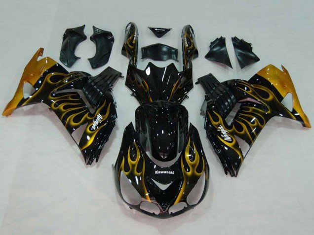 Carenados Moto Kawasaki ZX14R ZZR1400 2006-2011 - Negro Brillante Oro Llama Baratos