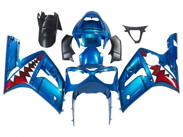 Carenados Moto Kawasaki ZX6R 2003-2004 - Azul Blanco Rojo Tiburón Baratos