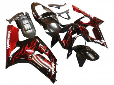 Carenados Moto Kawasaki ZX6R 2003-2004 - Negro Brillante Rojo Llama Baratos