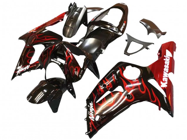 Carenados Moto Kawasaki ZX6R 2003-2004 - Negro Brillante Rojo Llama Baratos
