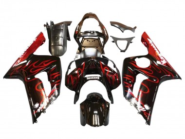 Carenados Moto Kawasaki ZX6R 2003-2004 - Negro Brillante Rojo Llama Baratos