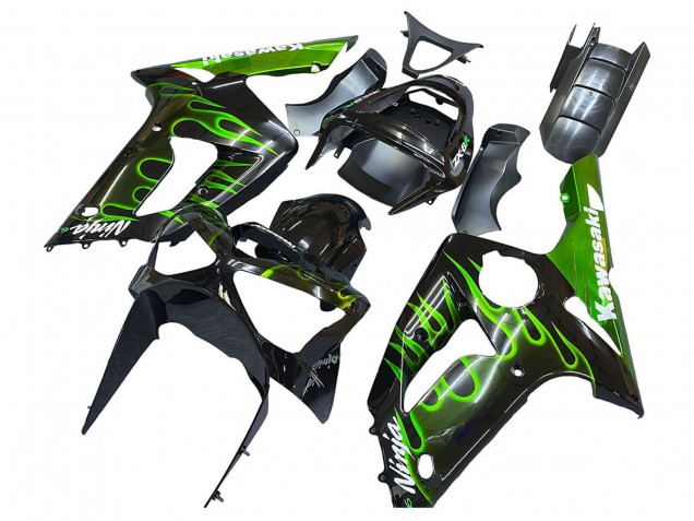 Carenados Moto Kawasaki ZX6R 2003-2004 - Negro Brillante Verde Llama Baratos