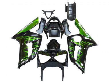 Carenados Moto Kawasaki ZX6R 2003-2004 - Negro Brillante Verde Llama Baratos