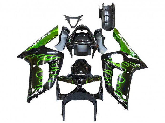 Carenados Moto Kawasaki ZX6R 2003-2004 - Negro Brillante Verde Llama Baratos