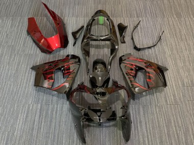 Carenados Moto Kawasaki ZX9R 2000-2001 - Negro Brillante Rojo Llama Baratos