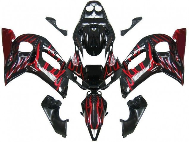 Carenados Moto Yamaha YZF 600 R6 1998-2002 - Negro Brillante Rojo Llama Baratos