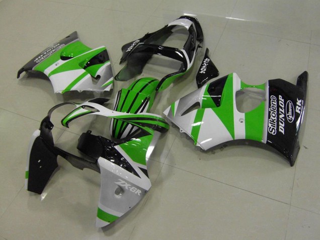 Carenados Moto Kawasaki ZX6R 2000-2002 - Blanco Verde Negro Brillante Raya Silkolene Dunlop Baratos