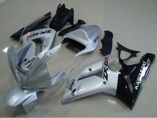 Carenados Moto Kawasaki ZX6R 2003-2004 - Plata Negro Brillante Baratos