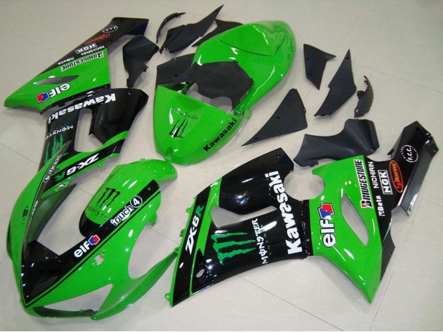 Carenados Moto Kawasaki ZX6R 2005-2006 - Verde Negro Brillante Elf Monstruo Baratos