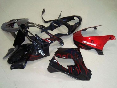Carenado Moto Kawasaki ZX9R 2000-2001 - Negro Brillante Rojo Llama Baratos