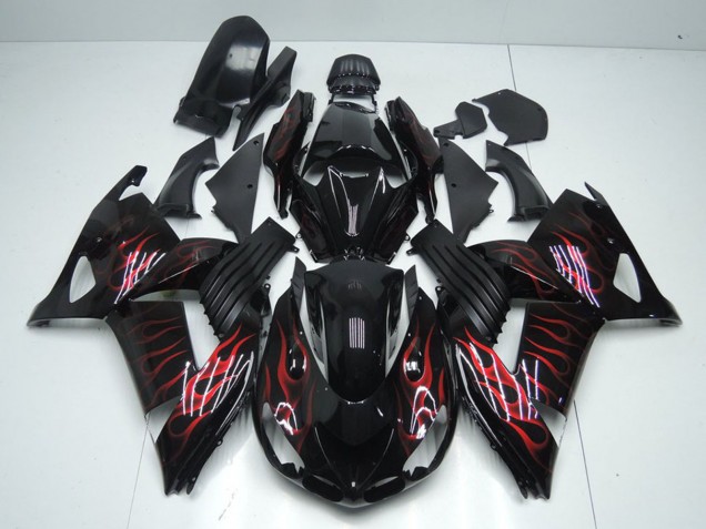 Carenados Moto Kawasaki ZX14R ZZR1400 2006-2011 - Negro Brillante Rojo Llama Baratos