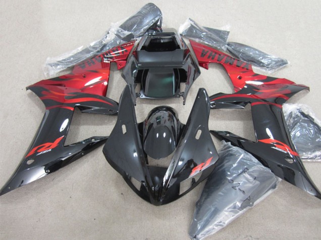 Carenados Moto Yamaha YZF R1 2002-2003 - Negro Brillante Rojo Llama Baratos