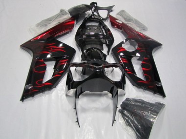 Carenado Moto Kawasaki ZX6R 2003-2004 - Negro Brillante Rojo Llama Baratos
