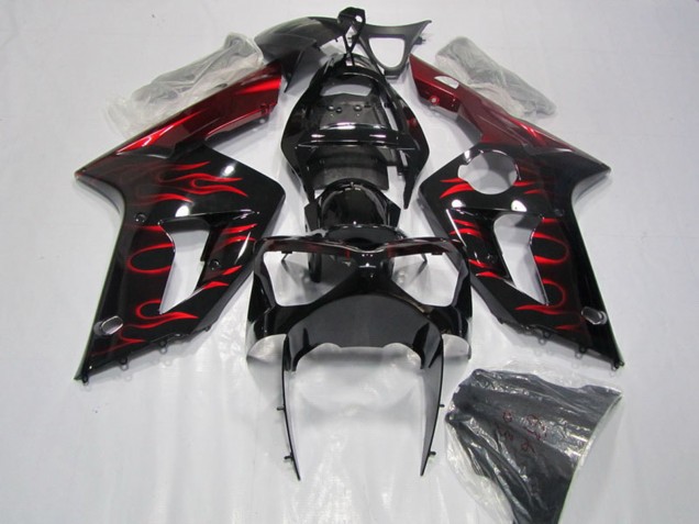 Carenado Moto Kawasaki ZX6R 2003-2004 - Negro Brillante Rojo Llama Baratos
